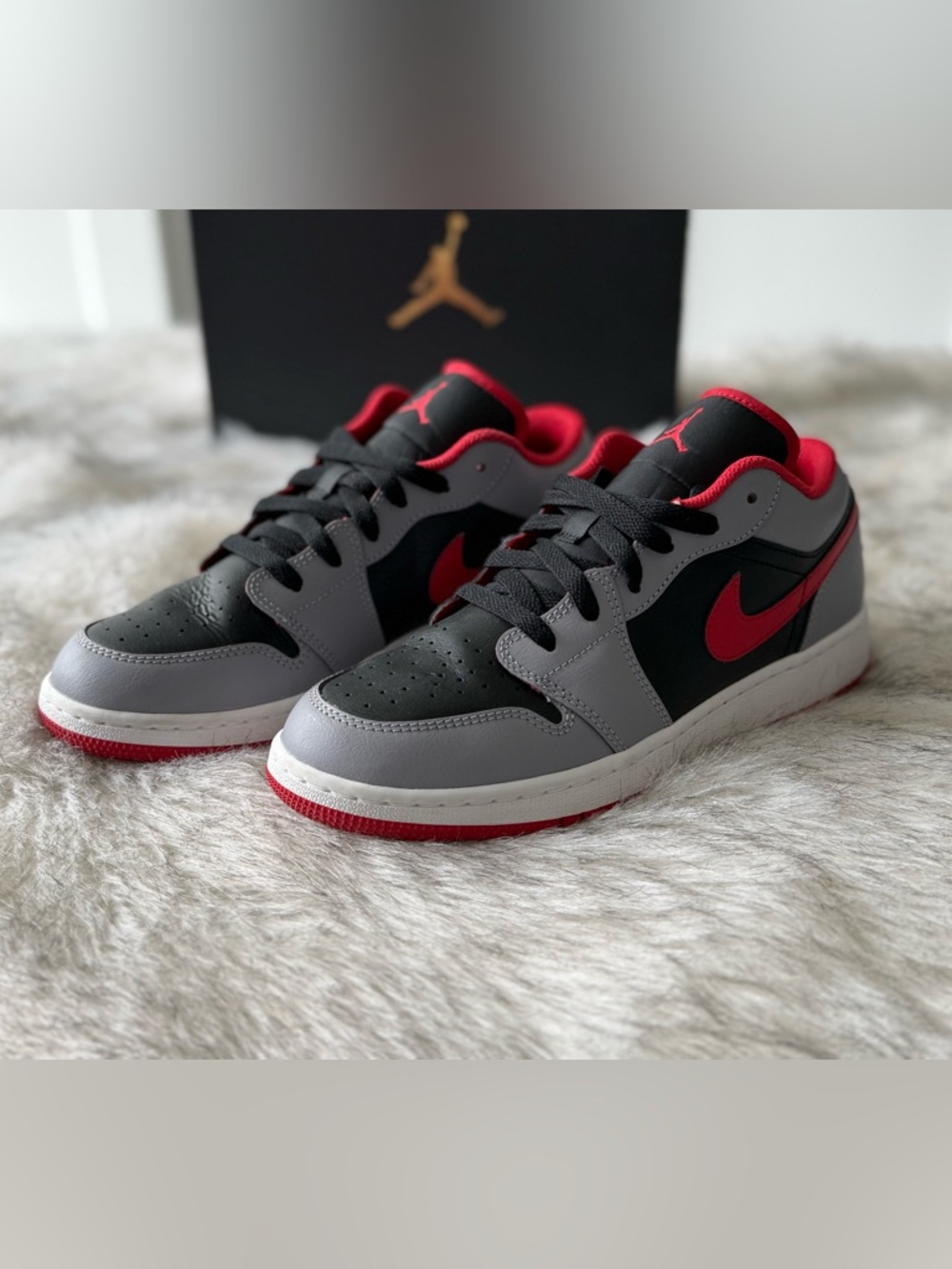Nike/Jordan 1 Low Cement Fire Red, Low Top Sneakers in Black, Gray & Red